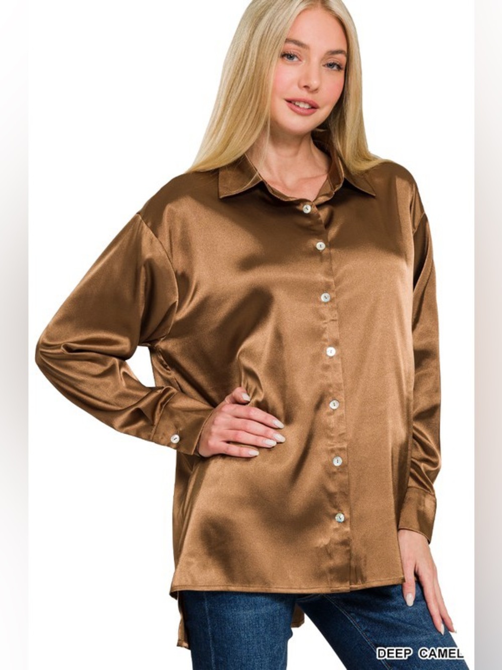 NWT Zenana Satin Button-Down Deep Carmel Brown Long Sleeve Shirt